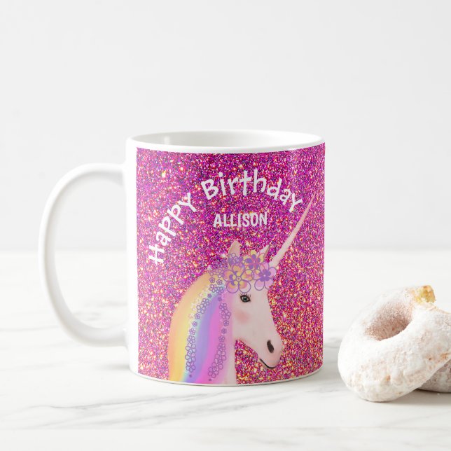 Mug Unicorne personnalisée Anniversaire Parties scinti (Avec donut)