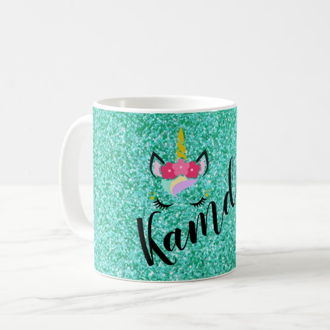 Mug Unicorne personnalisée Parties scintillant Turquoi (Devant gauche)