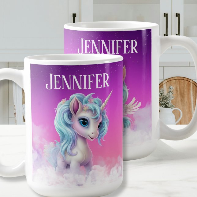 Mug Unicorne recto verso sur nuages, ciel rose, étoile (Unicorn on clouds Custom Name Coffee Mug)