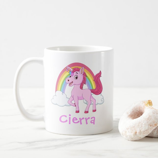 Mug Unicorne rose arc-en-ciel Nom personnalisé (Avec donut)