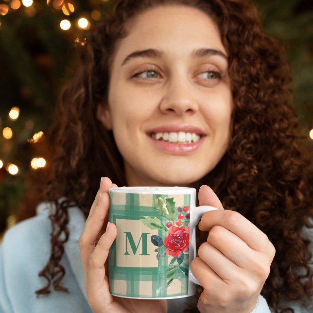 Mug Unique bison plaid motif xmas vert monogramme (Créateur téléchargé)
