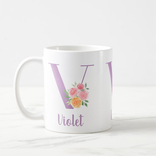 Mug V Monogramme Purple Floral Aquarelle personnalisée (Gauche)