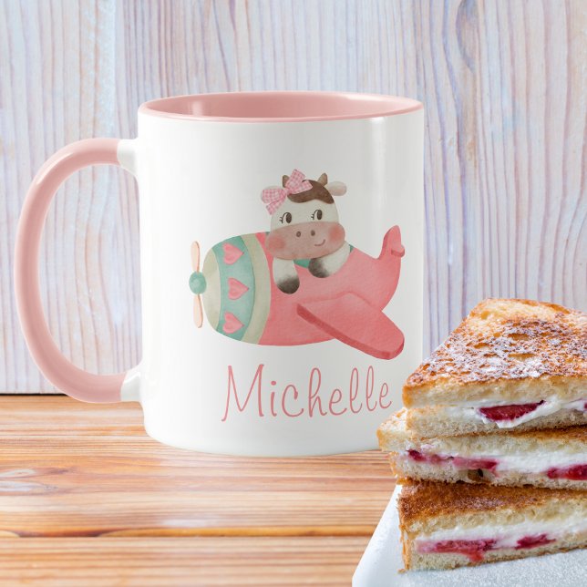 Mug Vache à l'aquarelle mignonne dans un avion rouge,  (Créateur téléchargé)