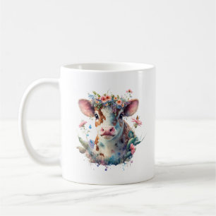 Mug Vache d'aquarelle rose florale avec couronne de fl