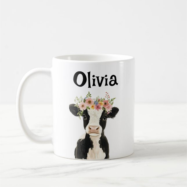 Mug Vache de bébé personnalisée avec couronne florale (Gauche)