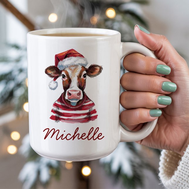 Mug Vache de Noël Joyeuse personnalisée à Santa Hat (Créateur téléchargé)