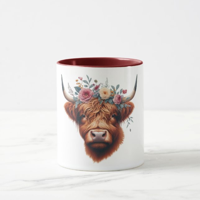 Mug Vache des hautes terres mignonne, florale/printani (Centre)
