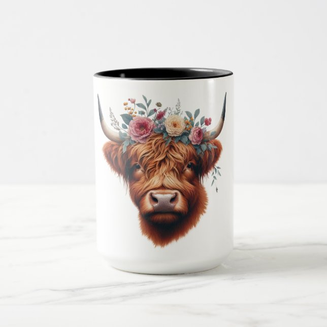 Mug Vache des hautes terres mignonne, florale/printani (Centre)