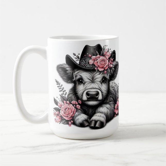 Mug Vache des Highlands avec chapeau et décoration flo (Gauche)