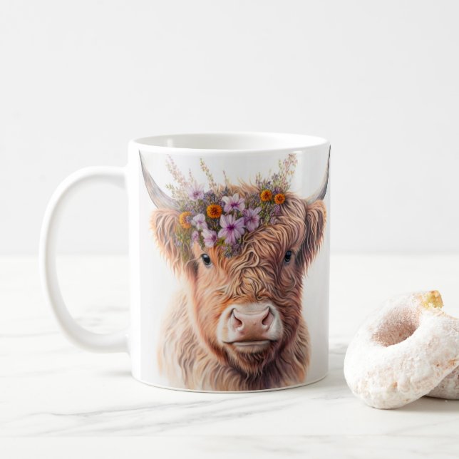 Mug Vache des Highlands avec couronne florale Illustra (Avec donut)
