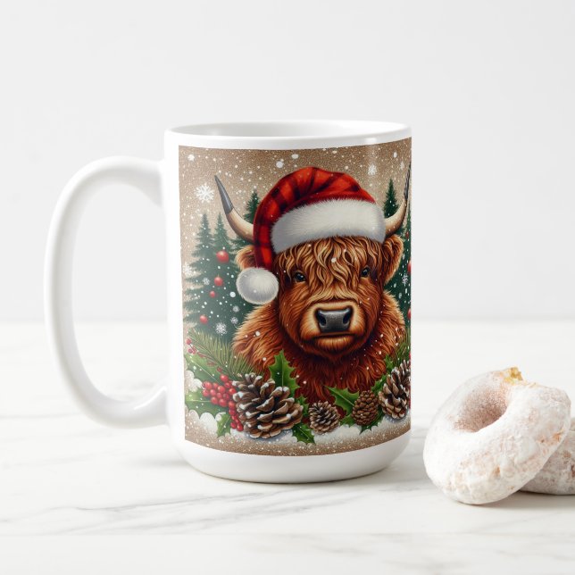 Mug Vache Highland à Santa Hat avec Décorations de vac (Avec donut)