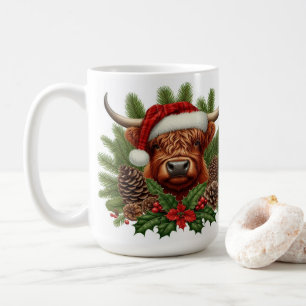 Mug Vache Highland à Santa Hat Pinecones de Noël