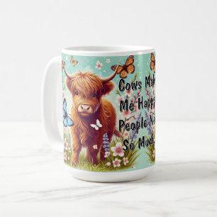 Mug Vache Highland avec papillons et fleurs printanièr
