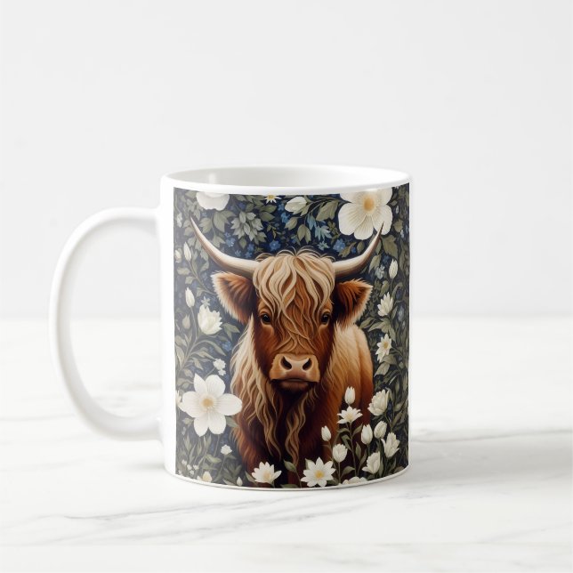 Mug Vache Highland Élégant Blanc Floral (Gauche)