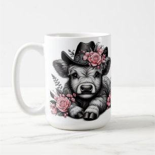 Mug Vache Highland en Casquette avec décoration floral