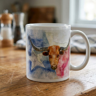 Mug Vache Longhorn avec carte du Texas et drapeau aqua
