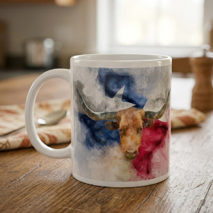 Mug Vache Longhorn avec Texas Drapeau Carte Aquarelle