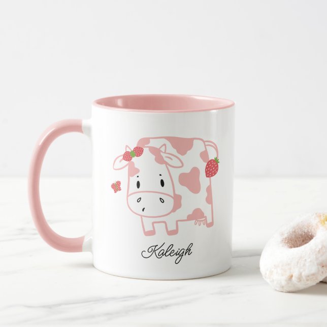 Mug Vache mûre de fraise et papillon | Nom (Avec donut)