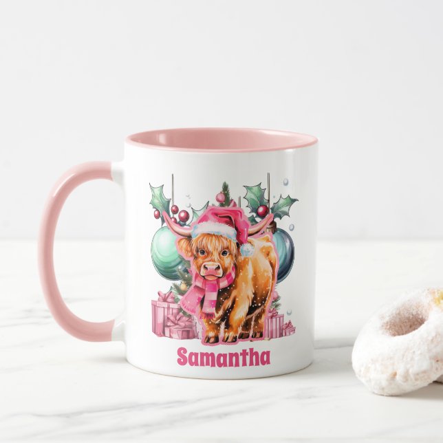 Mug Vache rose Highland Noël Enfants Chocolat chaud (Avec donut)