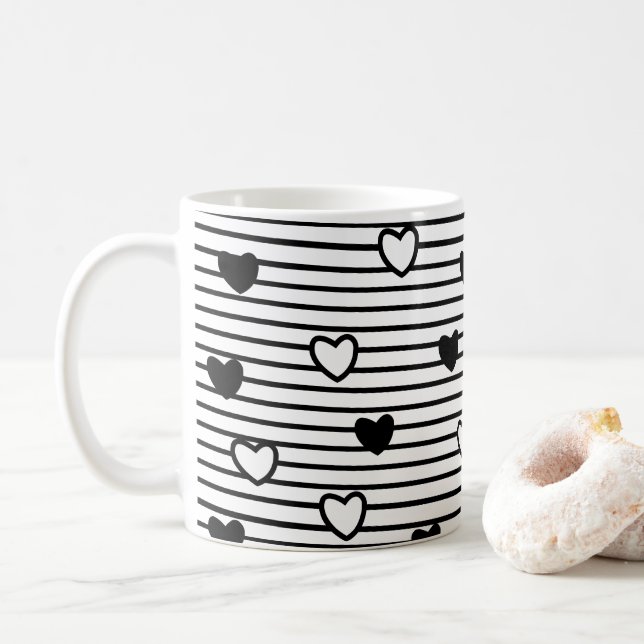 Mug Valentines Jour Coeurs Noir Blanc Grandes Motif (Avec donut)