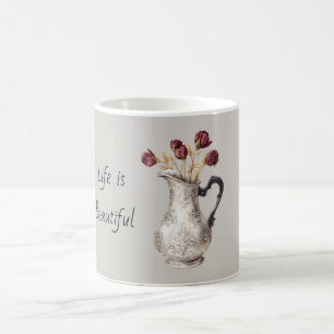 Mug Vase Pichet Argent Fleurs Rose Rouge