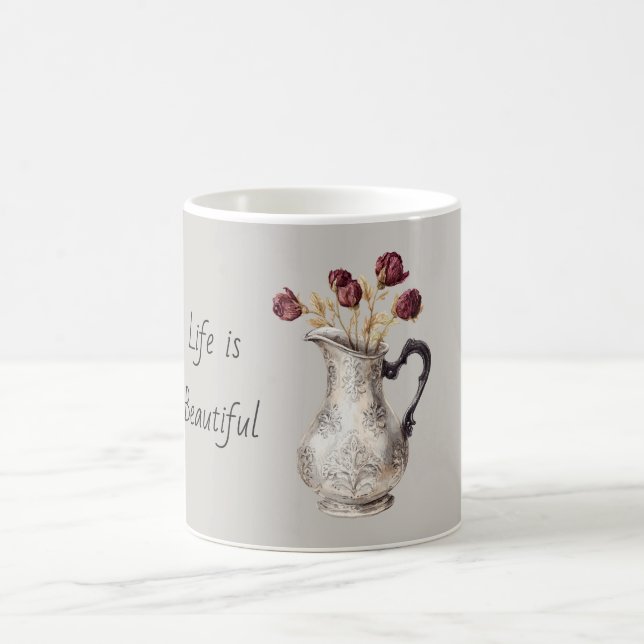 Mug Vase Pichet Argent Fleurs Rose Rouge (Centre)
