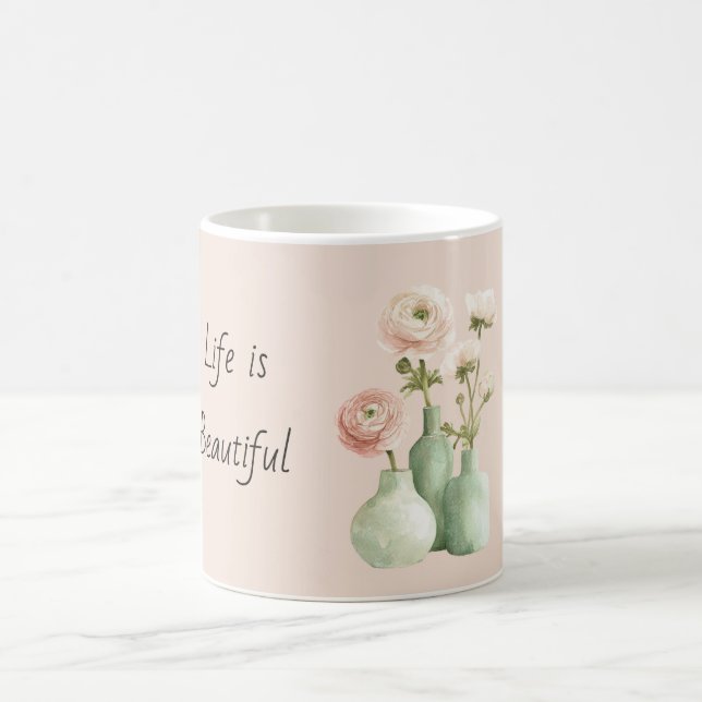 Mug Vase Vert Fleurs de Renoncule Roses (Centre)