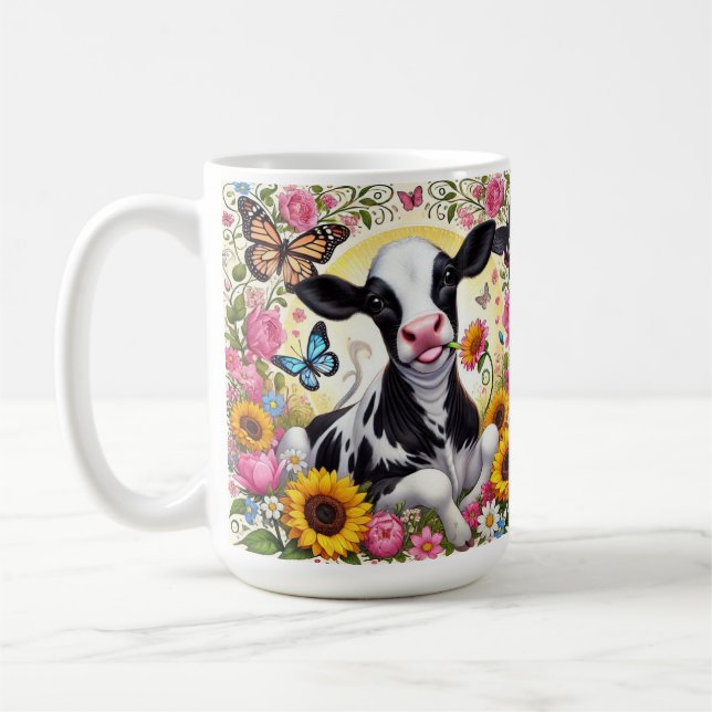 Mug Veau dans un monde floral et papillon vibrant (Gauche)