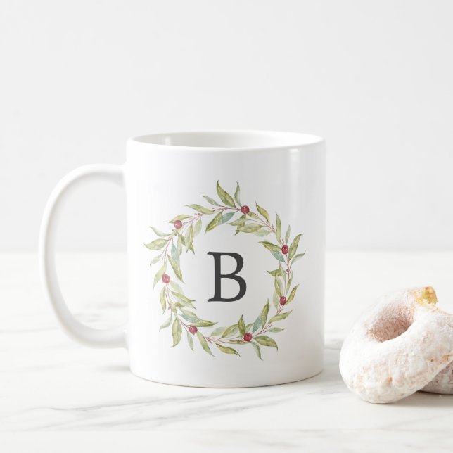 Mug Végétation d'hiver Berries Wreath Monogramme Noël (Avec donut)