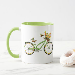 Mug Vélo avec panier de fleurs et oiseau Vert Jaune