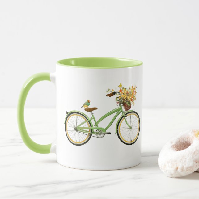 Mug Vélo avec panier de fleurs et oiseau Vert Jaune (Avec donut)