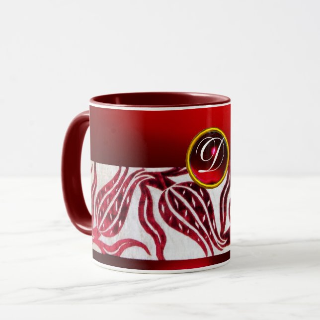 Mug VELVET DAMASK TULIPE MONOGRAMME Bourgogne Blanc (Devant gauche)