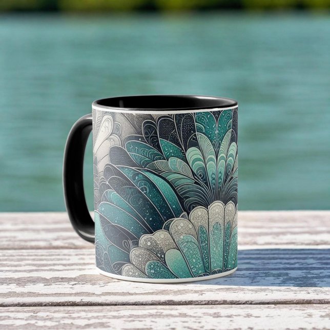 Mug Ventilateurs vintages Art Nouveau Bleu Argent (Créateur téléchargé)