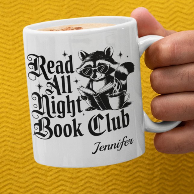 Mug Ver à livre ouvert toute la nuit (White read all night book club mug with racoon)