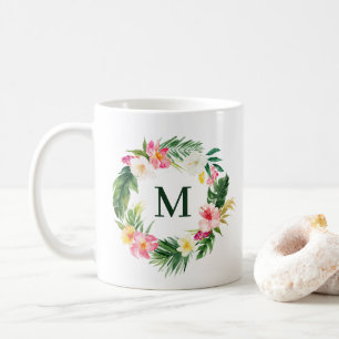 Mug Verdure tropicale et fleurs Monogramme de couronne