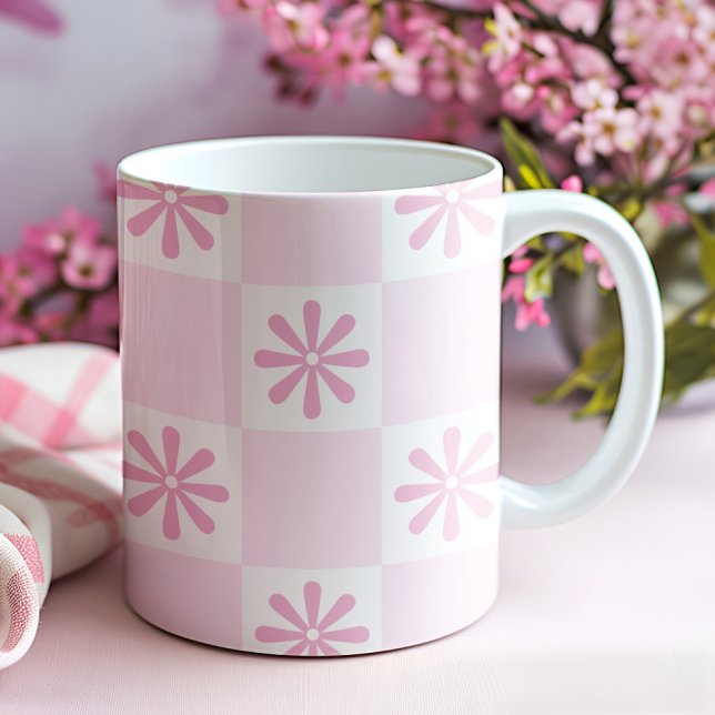 Mug Vérificateur rose rétro À damiers motif floral (Créateur téléchargé)