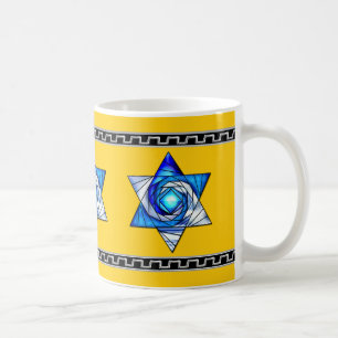 Mug Verre Bleu Art Déco Magen David sur Jaune