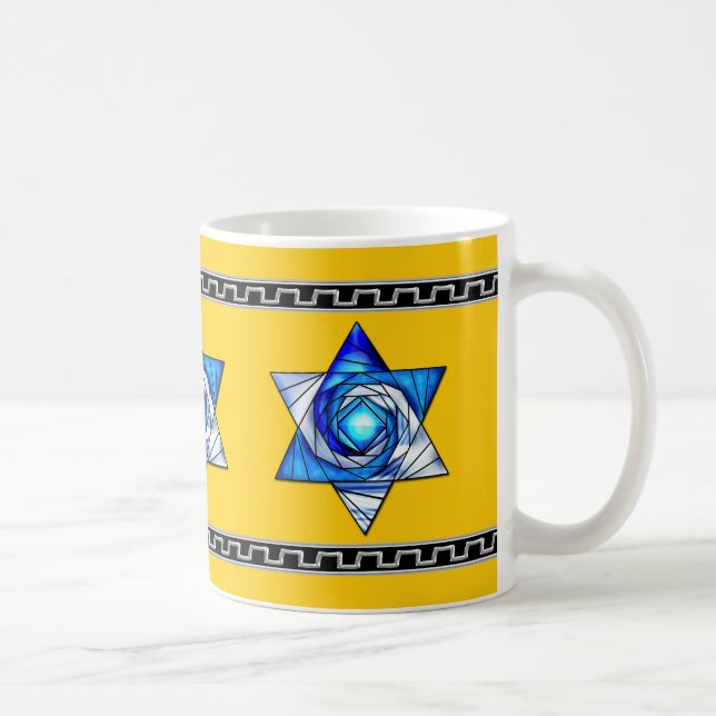 Mug Verre Bleu Art Déco Magen David sur Jaune (Droite)