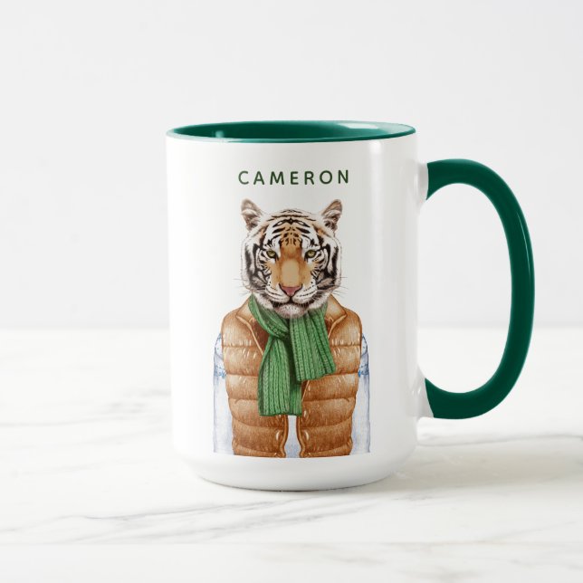 Mug Vers le bas le tigre de gilet | ajoutent votre nom (Droite)