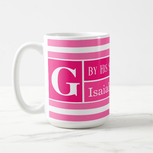 Mug Verset biblique de guérison rayé rose et blanc ini (Gauche)