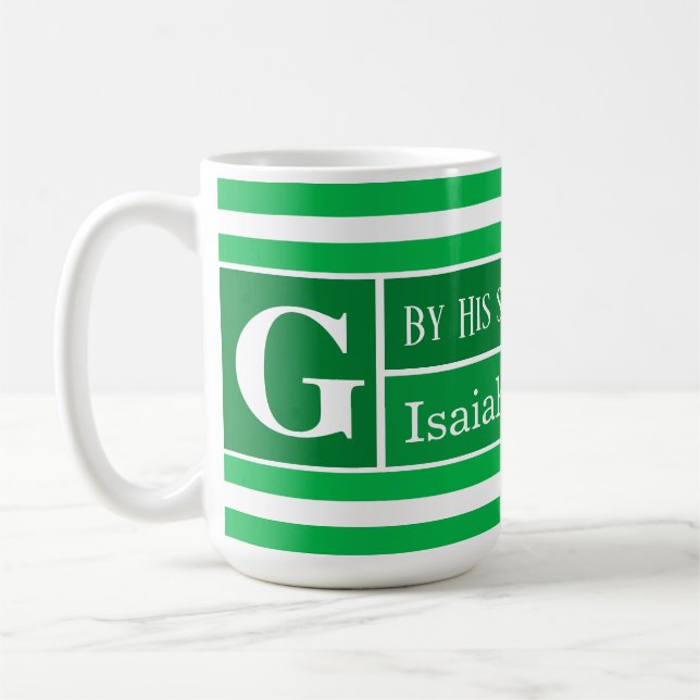Mug Verset biblique de guérison vert rayé initial (Gauche)