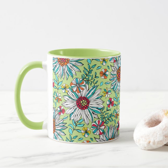Mug Vert blanc Jaune Orange Rouge Fleurs de marguerite (Avec donut)