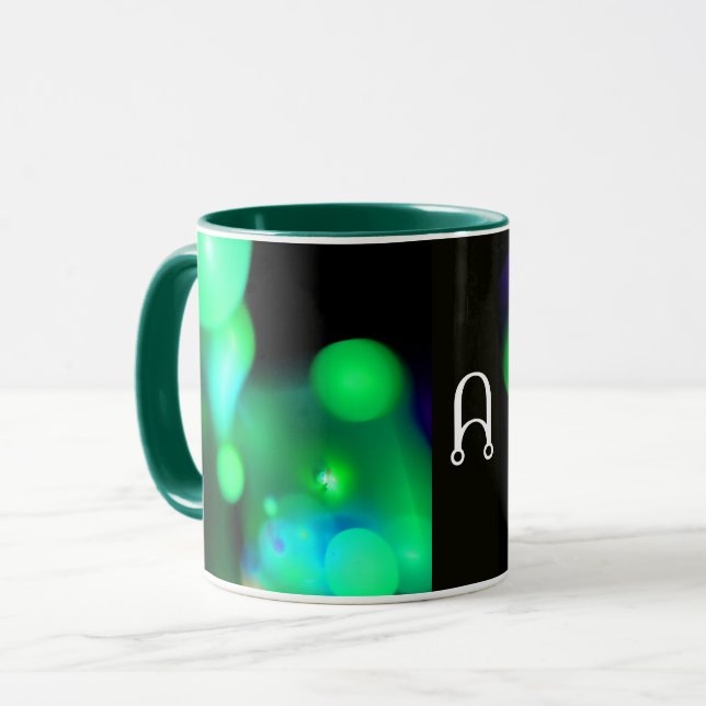 MUG VERT BLEU NOIR FRACTAL BUBBLES MONOGRAMME (Devant gauche)