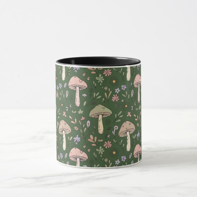 Mug Vert Chasseur Fungi Foncé Motif Sans Couture (Centre)
