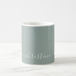 Mug Vert Clair Gris Blanc Minimaliste Nom Personnalisé