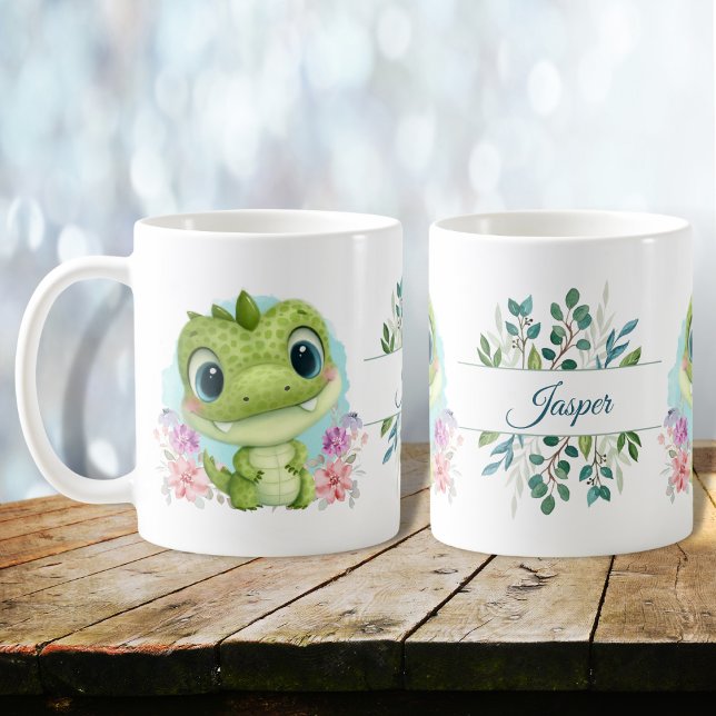 Mug Vert Cute Dinosaur Floral Thème Personnalisé (Créateur téléchargé)