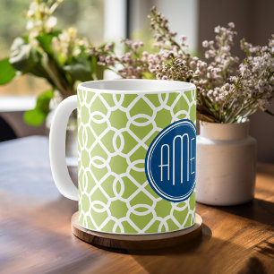 Mug Vert de chaux et monogrammes géométriques bleus 