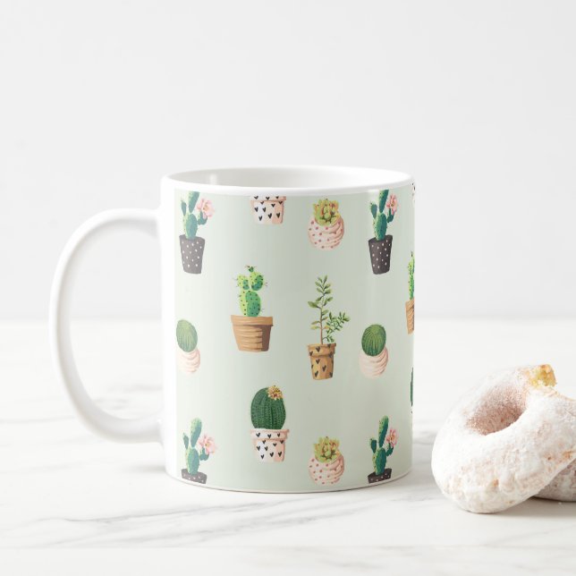 Mug Vert de menthe de motif de cactus d'aquarelle (Avec donut)