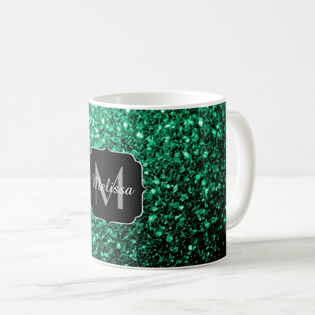 Mug Vert émeraude faux paillettes scintillent Monogram (Devant droit)