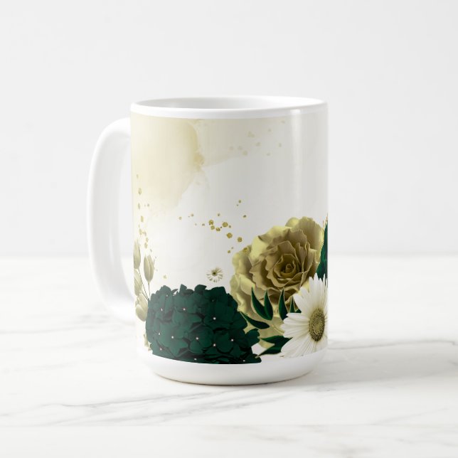 Mug Vert émeraude fleurs d'ivoire or mariage (Devant gauche)